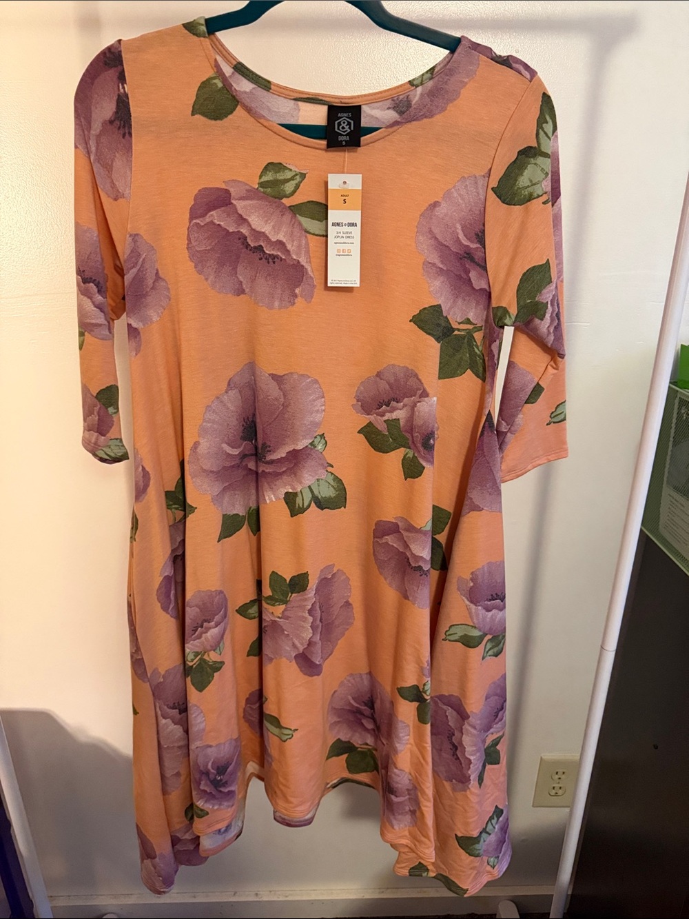 Agnes & Dora Peach 3/4 Sleeve Joplin Dress with Lavender Floral Print